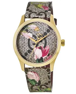 Gucci G-Timeless Pink Print Dial Gold Tone Case Canvas Strap Women's Watch ya1264038a
