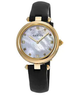 Gucci Diamantissima Gold Tone Diamond Pearl Dial Leather Strap Women's Watch ya141404