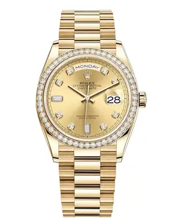 Rolex Day-Date Yellow Gold Champagne Diamond Dial Diamond Bezel Women's Watch m128348rbr-0008