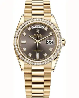 Rolex Day-Date Yellow Gold Slate Diamond Dial Diamond Bezel Women's Watch m128348rbr-0005