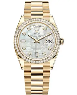Rolex Day-Date Yellow Gold Mother of Pearl Diamond Dial Diamond Bezel Women's Watch m128348rbr-0017