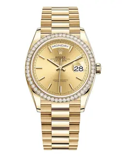 Rolex Day-Date Yellow Gold Champagne Dial Diamond Bezel Women's Watch m128348rbr-0026