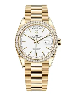 Rolex Day-Date Yellow Gold White Dial Diamond Bezel Women's Watch m128348rbr-0047
