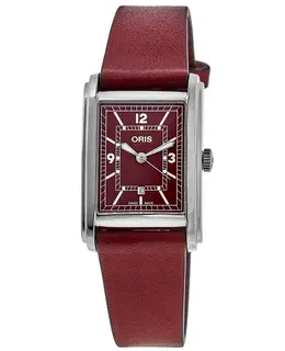 Oris Rectangular Automatic Red Dial Leather Strap Unisex Watch 01 561 7783 4068-07 5 19 18