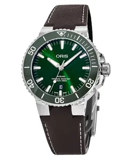 Oris Aquis Date Green Dial Brown Leather Strap Men's Watch 01 733 7732 4157-07 5 21 10fc
