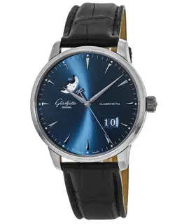 Glashuette Original Senator Excellence Panorama Date Moonphase Blue Dial Black Leather Strap Men's Watch 1-36-04-04-02-01
