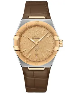 Omega Constellation Co-Axial Master Chronometer Champagne Dial 18K Yellow Gold Brown Leather Strap Men's Watch 131.23.39.20.08.001
