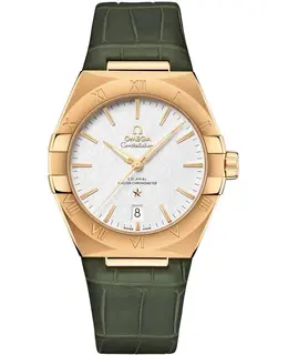 Omega Constellation Co-Axial Master Chronometer Silver Dial Yellow Gold Green Leather Strap Men's Watch 131.53.39.20.02.002