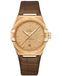 Omega Constellation Co-Axial Master Chronometer Champagne Dial Yellow Gold Brown Leather Strap Men's Watch 131.53.39.20.08.001