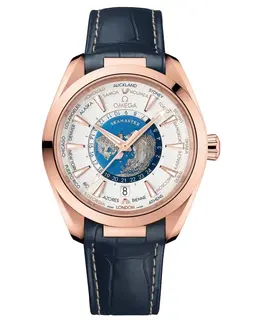 Omega Seamaster Aqua Terra 150m Master Co-Axial Chronometer GMT Worldtimer Silver Dial Leather Strap Men's Watch 220.53.43.22.02.001 220.53.43.22.02.0