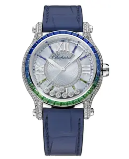 Chopard Happy Sport Medium Automatic 36mm Light Blue Mother of Pearl Dial Diamond Leather Strap Women's Watch 274891-1027