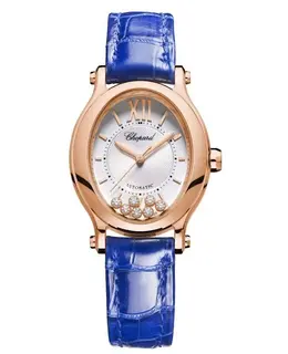 Chopard Happy Sport Oval 7 Floating Diamonds Automatic Silver Dial 18K Rose Gold Leather Strap Women's Watch 275362-5001