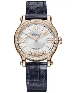 Chopard Happy Sport Automatic 33mm Silver Dial 18K Rose Gold Diamond Bezel Leather Strap Women's Watch 275378-5003