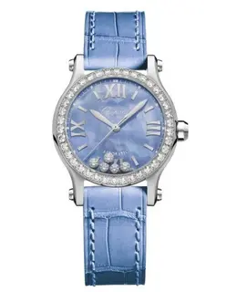 Chopard Happy Sport 30mm Automatic Blue Dial Diamond Bezel Leather Strap Women's Watch 278573-3010
