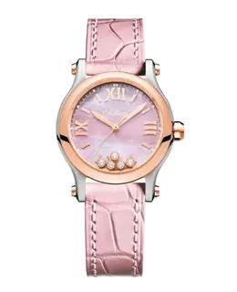 Chopard Happy Sport 30mm Automatic Pink Diamond Dial 18K Rose Gold Bezel Leather Strap Women's Watch 278573-6011