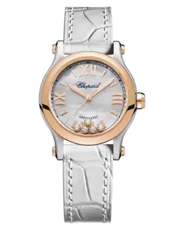 Chopard Happy Sport Mini Automatic 30mm Mother of Pearl Diamond Dial Steel and Rose Gold Leather Strap Women's Watch 278573-6018