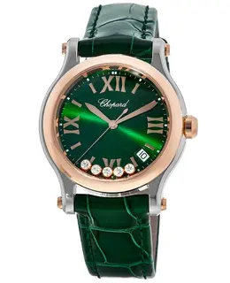 Chopard Happy Sport Round 36mm Green Diamond Dial Gold Bezel Leather Strap Women's Watch 278582-6005