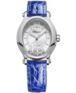 Chopard Happy Sport Oval 7 Floating Diamonds Silver Dial Blue Leather Strap Women's Watch 278602-3001