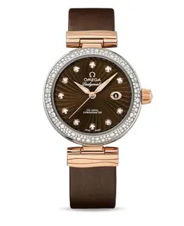 Omega De Ville Ladymatic Steel Rose Gold Brown Satin Leather Women's Watch 425.27.34.20.63.001