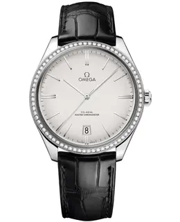 Omega De Ville Chronometer Silver Dial Diamond Black Leather Strap Men's Watch 435.18.40.21.02.001