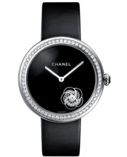 Chanel Mademoiselle Prive Black Dial Diamonds Black Satin Strap Women's Watch h3093