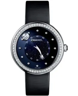 Chanel Mademoiselle Prive Blue Dial Diamond Black Satin Strap Women's Watch h3389