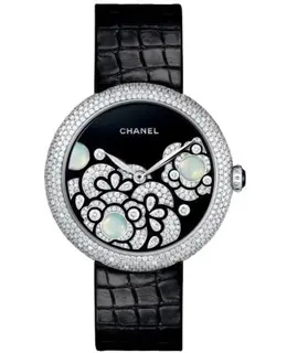 Chanel Mademoiselle Prive Limited Edition Black Dial Diamond Black Leather Strap Women's Watch h3469