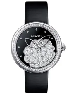 Chanel Mademoiselle Prive Black Dial Diamond Black Satin Strap Women's Watch h4318