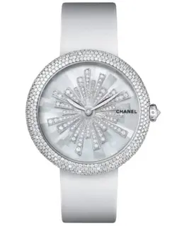Chanel Mademoiselle Prive Mother of Pearl Dial Diamond White Satin Strap Women's Watch h4530