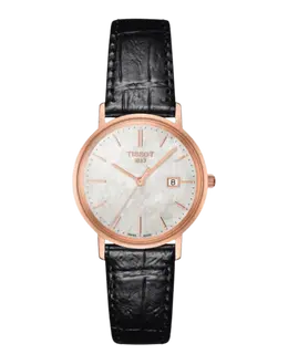 Women's Watch Authentic Tissot T-Gold Goldrun Lady with Mother of Pearl Dial and Black Leather Strap Model T9222107611100