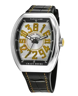 Franck Muller Vanguard Crazy Hours Silver Yellow Dial Leather Strap Unisex Watch Model V45 CH AC JA