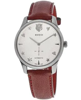 Gucci G-Timeless Automatic Unisex Watch - Silver Dial, Red Leather Strap, Model YA126346
