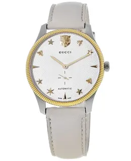 Gucci G-Timeless Automatic Silver Dial White Leather Strap Men's Watch - YA126348