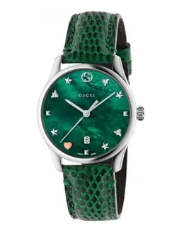 Gucci G-Timeless Green Mother of Pearl Dial Leather Strap Women's Watch ya126585