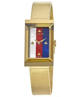 Gucci G-Frame Watch - Model YA147410, White Red Blue Dial with Yellow Gold Tone Strap