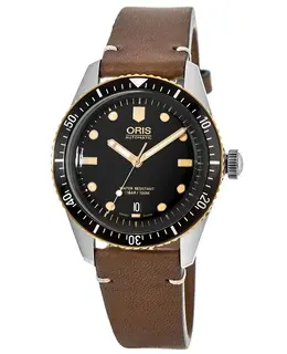 Oris Divers Sixty-Five Automatic Mens Watch - Black Dial with Light Brown Leather Strap