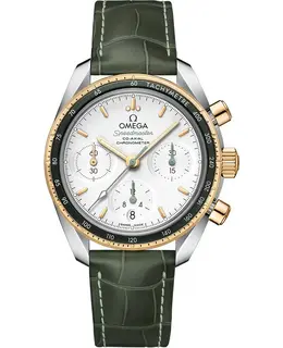 New Authentic Omega Speedmaster Co-Axial Chronograph 38mm Steel And Yellow Gold Green Leather Unisex Watch Model 324.23.38.50.02.001