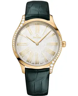 Omega De Ville Tresor Silver Dial Yellow Gold Diamond Leather Strap Women's Watch 428.58.39.60.02.001