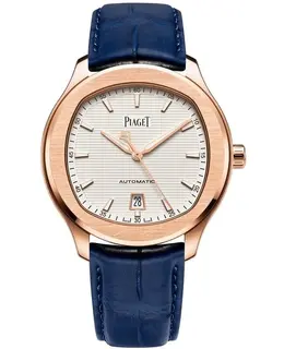 Piaget Polo Date Automatic White Dial 18K Rose Gold Blue Leather Strap Men's Watch g0a43010