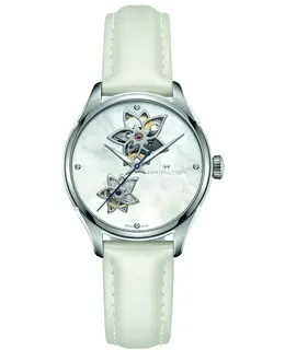 Authentic Hamilton Jazzmaster Open Heart Mother of Pearl Dial White Leather Strap Women's Watch h32115892
