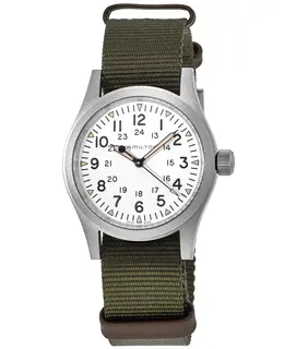 H69439411 Hamilton Authentic Men's Khaki Field Mechanical White Dial Green Fabric Strap Watch