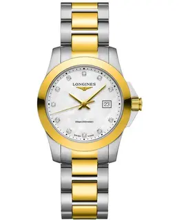 Longines Conquest Model L3.376.3.87.7 Mother of Pearl Diamond Dial PVD Yellow Gold Women's Watch
