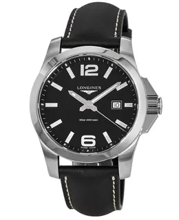 L3.760.4.56.3 - Authentic Longines Conquest Quartz, Black Dial Calfskin Strap