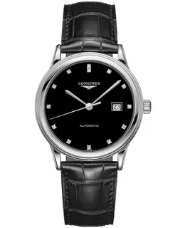 Longines Flagship Automatic Black Diamond Dial Black Leather Strap Unisex Watch l4.984.4.57.2