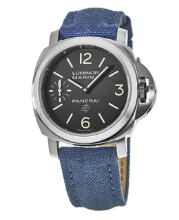 Panerai Luminor Marina Logo Acciaio 44mm Black Dial Blue Canvas Men's Watch pam00777