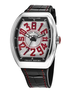 Franck Muller Vanguard Crazy Hours Silver Red Dial Leather Strap Unisex Watch Model V 45 CH AC (ER)