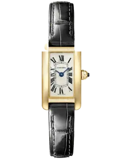 Brand New Authentic Cartier Tank Americaine Mini Silver Dial Yellow Gold Leather Strap Women's Watch wgta0038