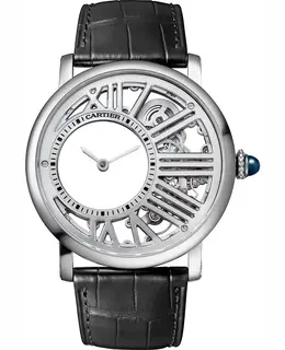 Brand New Authentic Cartier Rotonde De Cartier Men's Watch Model WHRO0014 Skeleton Dial Palladium Case, Black Alligator Leather Strap