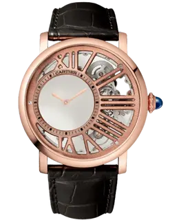 Authentic Cartier Rotonde De Cartier Skeleton Dial Watch Men's 18K Rose Gold Alligator Leather WHRO0060