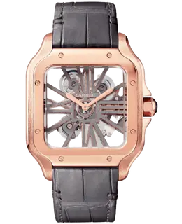 Brand New Authentic Cartier Santos De Cartier WHSA0018 Men's Watch Rose Gold Case Skeleton Dial Grey Alligator Leather Strap Deployment Clasp